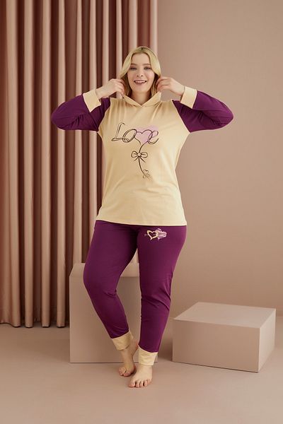Siyah İnci Large Size Oversize Cotton Lycra Hooded Pajama Set