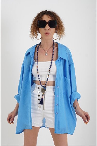 Zelish My Sister Μπλε πουκάμισο Saks με ανοιχτούς ώμους και oversized εφαρμογή