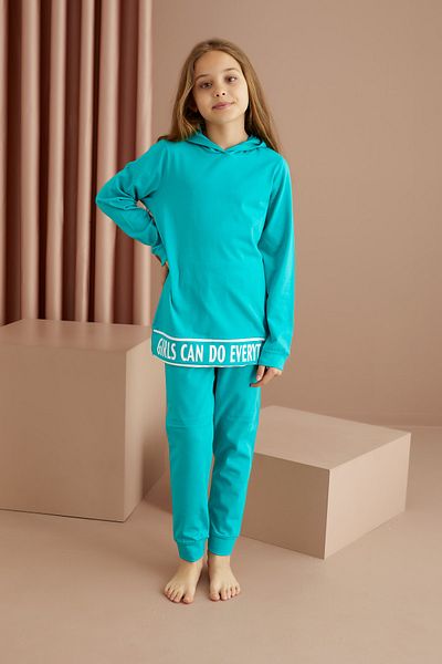 Siyah İnci Turquoise Cotton Lycra Hooded Pajama Set