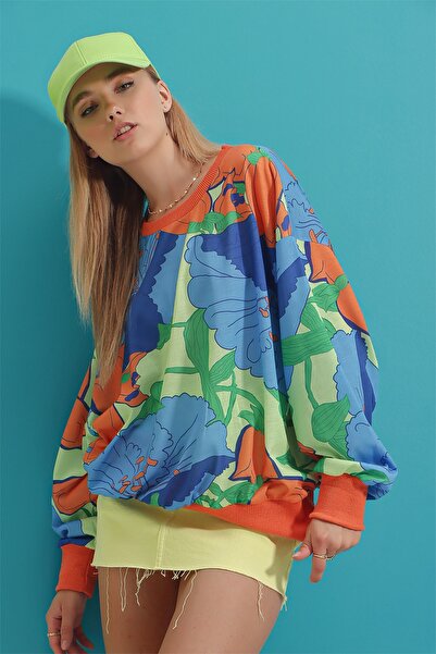 Trend Alaçatı Stili Sweatshirt - Grün - Oversize