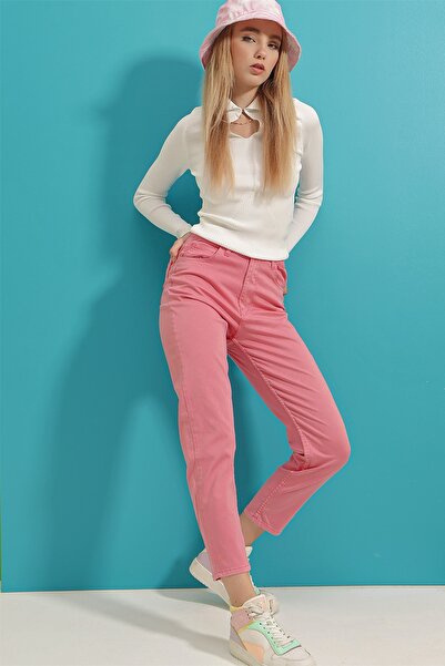 Trend Alaçatı Stili بنطلون جينز نسائي وردي عالي الخصر ALC-X6599