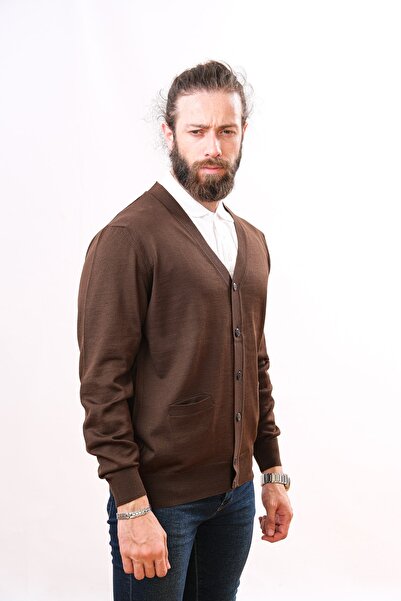 Çukurova Wool Classic Men's Knitwear Cardigan - Dark Brown