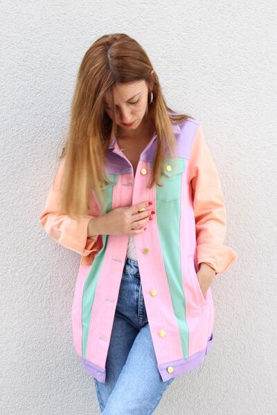 poupee Jachetă din Gabardină colorată, Palton casual de damă, Palton roz violet verde