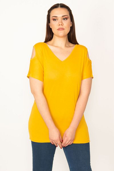 Şans Women's Mustard Shoulder Low-cut Viscose Blouse 65N22698