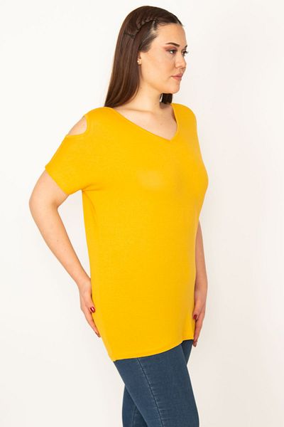 Şans Women's Mustard Shoulder Low-cut Viscose Blouse 65N22698