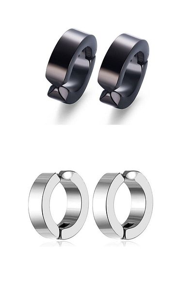 The Collection Unisex Compressed Unisex Non-Hole Steel Hoop Earrings - 2 Pairs Sold