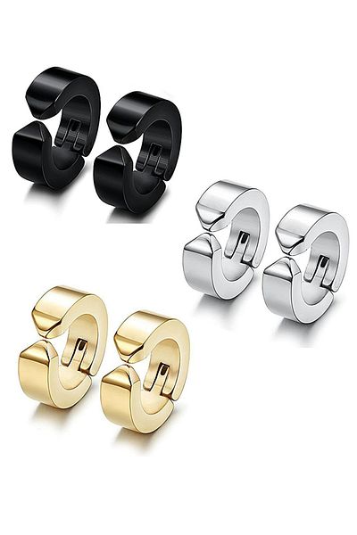 The Collection 3 Pairs Compressed Non-Hole Steel Hoop Earrings for Women Men Unisex Yellow Black Silver Color