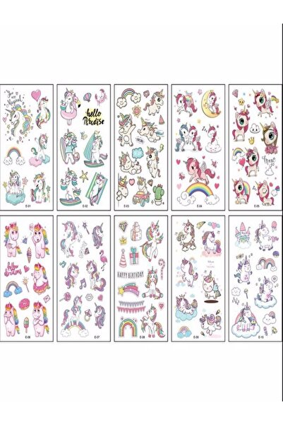Bluoksweet 10 Farklı Yaprakta 100 Civarı Figür Sevimli Çizgi Geçici Çocuk Dövme (unicorn2)