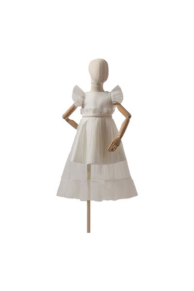 WECAN EXCLUSİVE Wecan Girl's Satin Long Tulle Special Occasion Dress with Pearl Detail at Waist