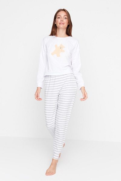 Trendyol Collection Szürke kötött pizsama szett mackóval - 100% pamut THMAW21PT0302