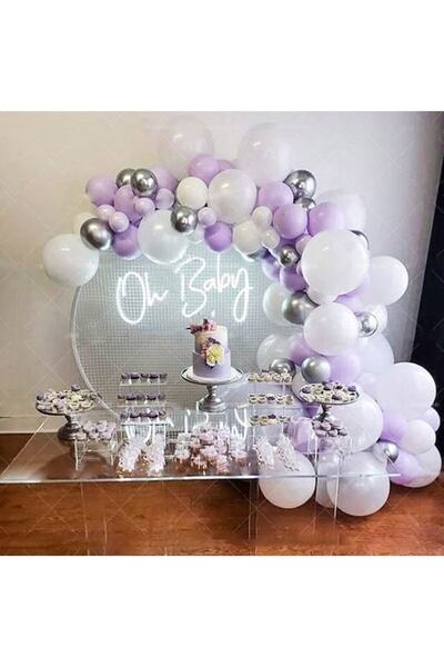 MERİ PARTİ Makaron Lila Beyaz Krom Gümüş Balon Balon Zinciri