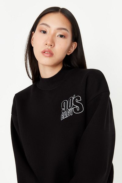 Trendyol Collection Black Stand Collar Loose Thick Fleece Inside Knitted Sweatshirt TWOAW23SW00575