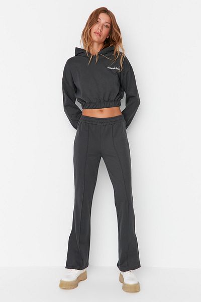 Trendyol Collection Ανθρακί Ραμπ ραμμένο με σχισμή Λεπτομερές λεπτό φλις εσωτερικά πλεκτό παντελόνι TWOAW23PL00243