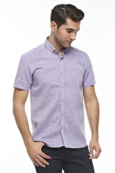 Ottomoda Erkek Kısa Kollu Düğmeli Yaka Düz Mor Keten Gömlek, Ot-ck-20199