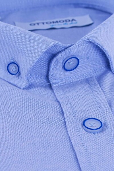 Ottomoda Mavi Oxford Kısa Kollu Regular Düğmeli Yaka Gömlek,ot-cp-20201