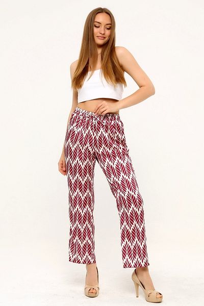 DISENTIS MODEST Leaf Patterned Satin Claret Red Women's Trousers with Elastic Waist and Rope Detail
