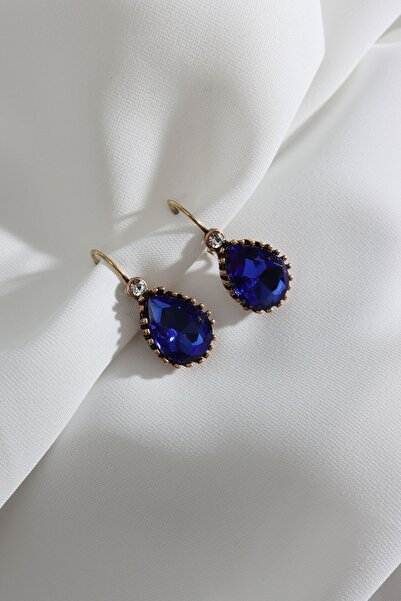 Süspüs Accessories Büyük Boy Lacivert Taşlı Damla Otantik Küpe