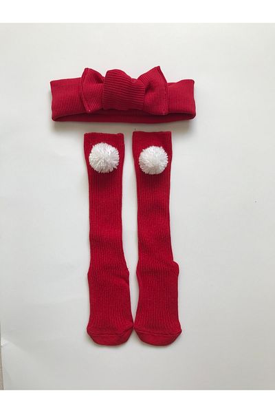 Nis butik White Pompom Knee Socks Bandana Set