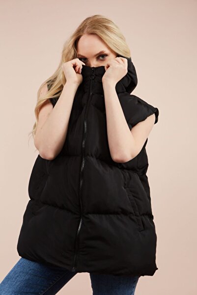 geenz manifacture Women's Black Hooded Oversize Boyfriend Puffer Vest