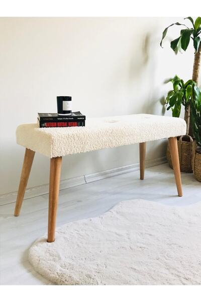 WEBPANYA Ahşap Ayaklı Handmade Geniş Oturum Alanlı Krem Tedy Kumaş Pofidik Puf Bench Koltuk