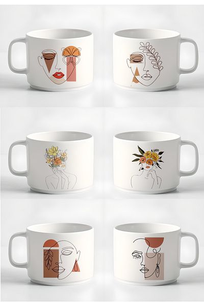 GünayStore Double Turkish Coffee Cup & Espresso Minimal Linear Women's Printed Mug 6-Piece Mug Set 180 Ml