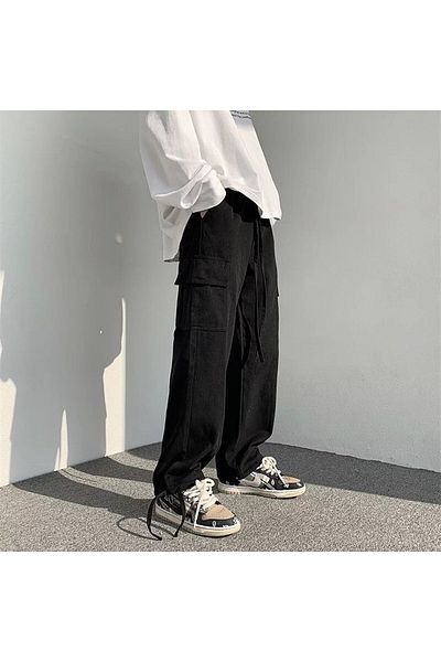 Gofeel Unisex Loose Fit Cargo Pocket Black Colored Thread Sweatpants