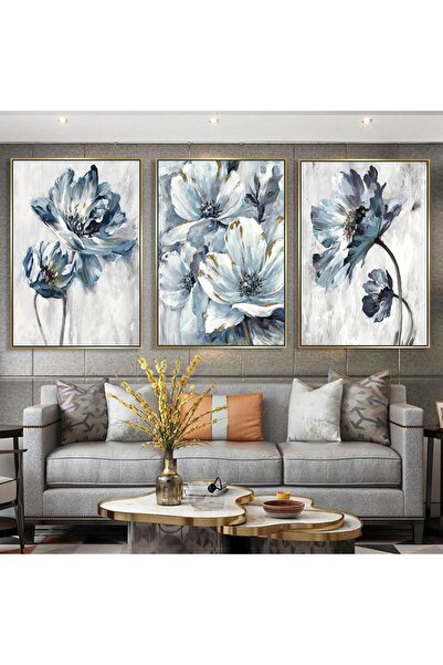 Markazip Altın Metal Çerçeveli 50x70cm Üçlü Soyut Kanvas Tablo Kod: Cb5523s-k