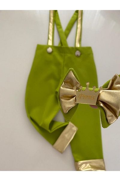 tubibebe Pistachio Green - Gold Salopet + Bow Tie