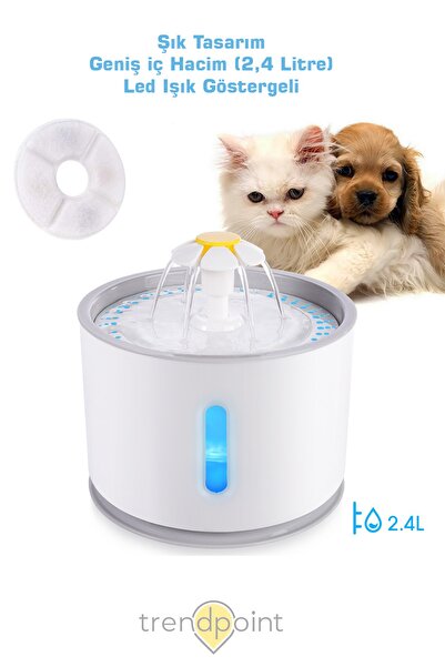 Trendpoint Kedi Köpek Su Çeşmesi Su Pınarı Kabı Led Işık Göstergeli