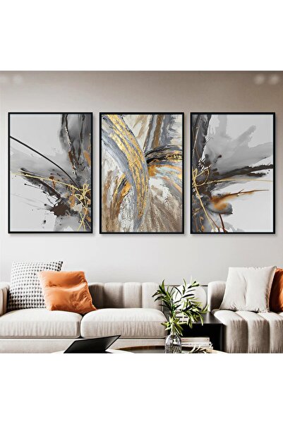 Markazip Siyah Metal Çerçeveli 50x70cm Üçlü Soyut Kanvas Tablo Kod: Lk556-ks