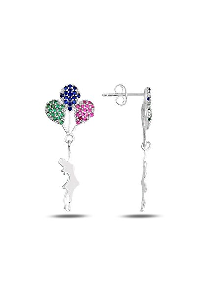 Bilsen Store 925 Ayar Gümüş Renkli Zirkon Taşlı Balonlu Kız Küpe