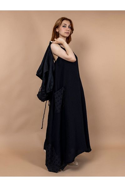 sares Black Hijab Dress - Two Pieces Combination and Pocket Lining