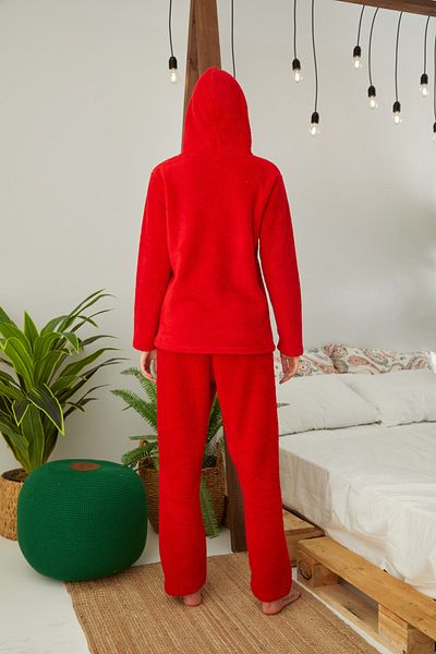 Siyah İnci Red Embroidered Bottom-Top Hooded Wellsoft Pajama Set