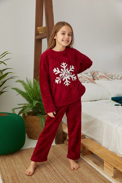 Siyah İnci Claret Red Embroidered Bottom-Top Wellsoft Pajama Set