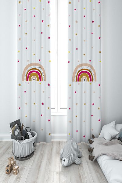 BAMBAŞKA MODA Baby and Children's Room Colorful Stars and Rainbow Two Wing Background Curtain Bmfp-337