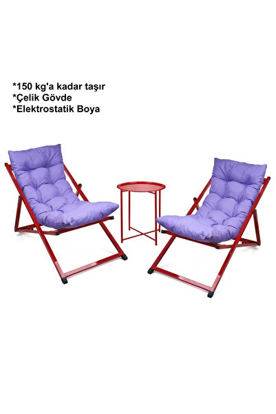 HUNDEMİR Premium Konfor Minderli Katlanır İkili Set 2 Şezlong 1 Sehpa Bahçe B...
