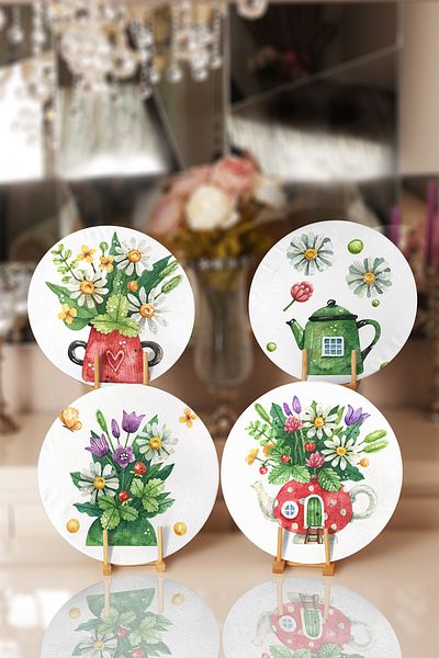 Realhomes Set of 4 Colorful Cute Flower Pots with Flower Design Placemat & Supla