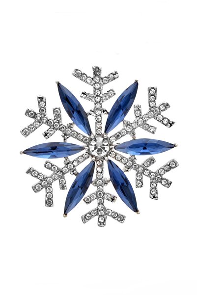 Solfera Lacivert Beyaz Taşlı Kar Tanesi Büyük Boy Rozet Broş Rz069