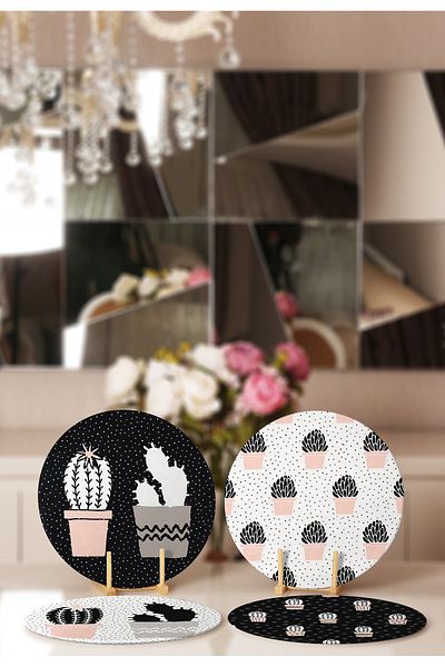 Realhomes 4-Piece Black and White Floor Cactus Drawing Placemat & Supla