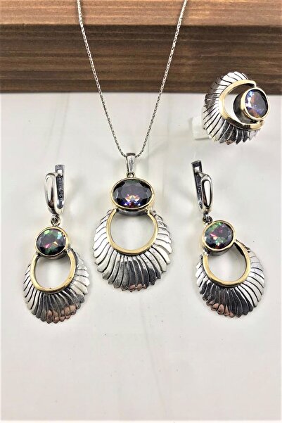 Doğan Silver Mistik Topaz Taşlı Güneş Tasarım Elişi Gümüş Set Dgn21551