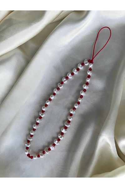 PEONY - peonyofficiall Red Crystal and Pearl Design Phone Charm Phone Lanyard Bag Ornament