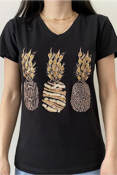 FEMELLE Tricou de damă cu decolteu în V, cu paiete, ananas