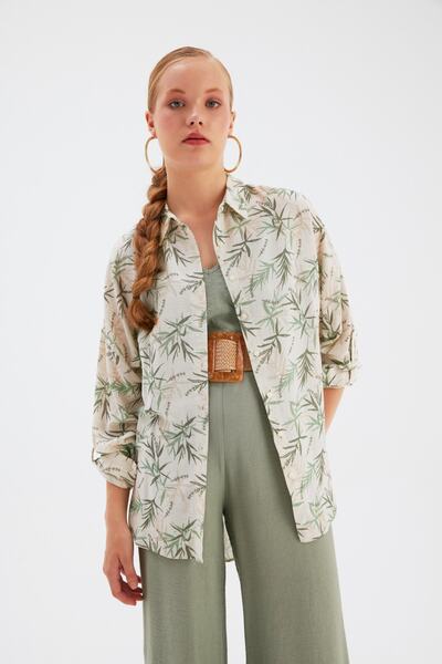 Sateen Desenli Oversize Keten Gömlek - Çağla Yeşili