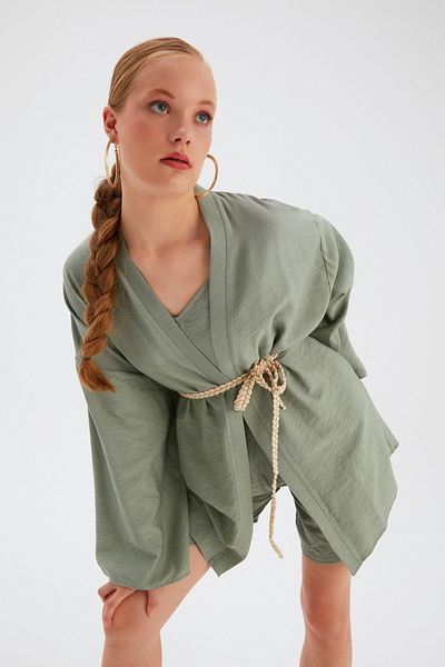 Sateen Green Casual Kimono - Belt Detailed