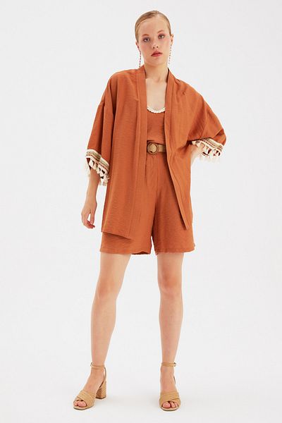 Sateen Tan Casual Linen Kimono - Sleeve Detailed
