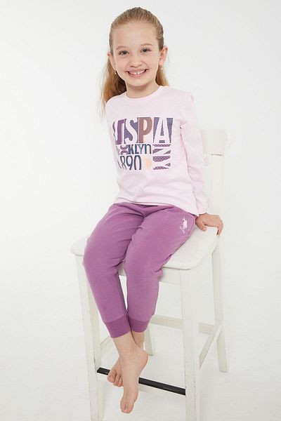 U.S. Polo Assn. Baza. Set de pijamale cu mânecă lungă pentru fete, clasic, roz, licențiat Polo Assn