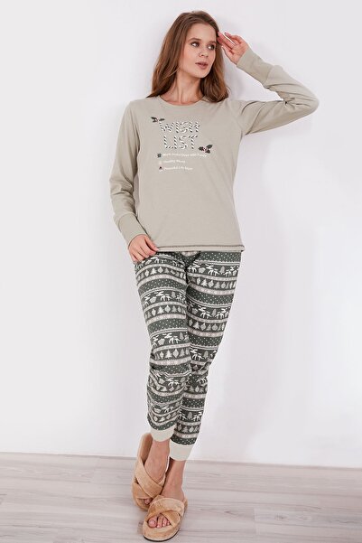 Arnetta Wish List Açık Haki Kadın Uzun Kol Pijama Takım
