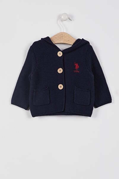 U.S. Polo Assn. Lisanslı Düğmeli Lacivert Erkek Bebek Kapüşonlu Hırka