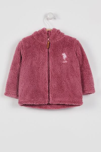 U.S. Polo Assn. سترة صوفية للفتيات الصغيرات، مرخصة، Uspa، صوف وردي مغبر، غطاء رأس ويلسوفت، بسحاب