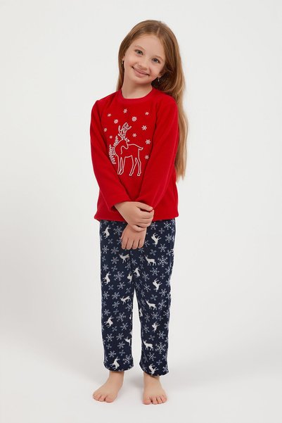 Arnetta Deer Red Girl's Crew Neck Long Sleeve Pajama Set